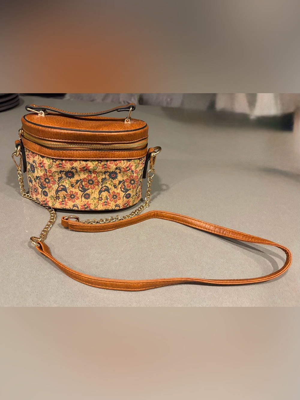 Brown Floral Crossbody Bag with Chain Strap